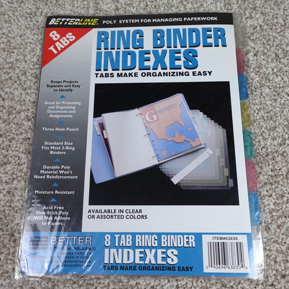 Betterline 8 Tab Ring Binder Indexes Poly Dividers Assorted Colors 63830 NEW